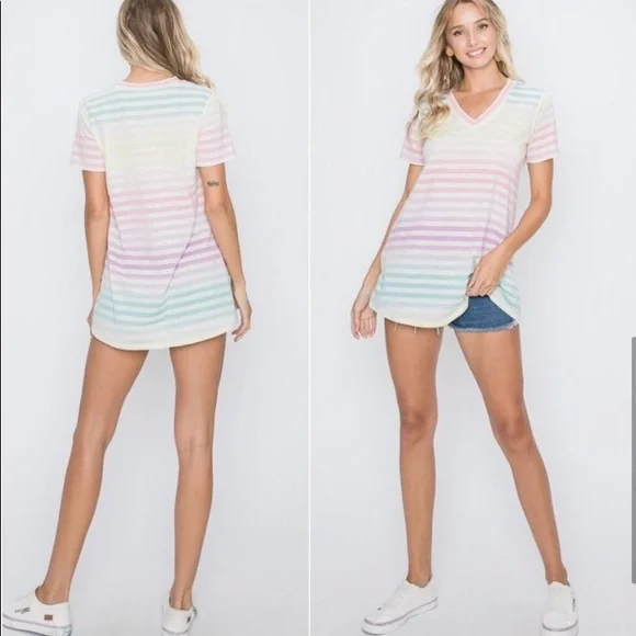 Women’s Casual comfortable colorful striped T-shirt short sleeves - Picture 4 of 5
